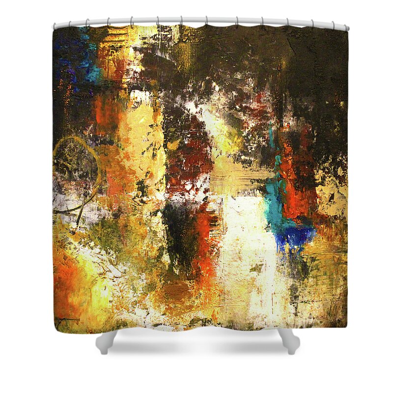 Orange And Blue Abstract Art Shower Curtain featuring the mixed media One November NIght 2 by Patricia Lintner
