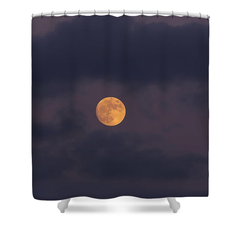November Shower Curtain featuring the photograph November Full Moon with Plane by Angela Stanton