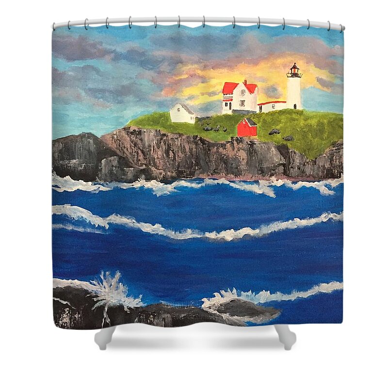 Nubble Shower Curtain featuring the painting Nubble Light by Anne Sands