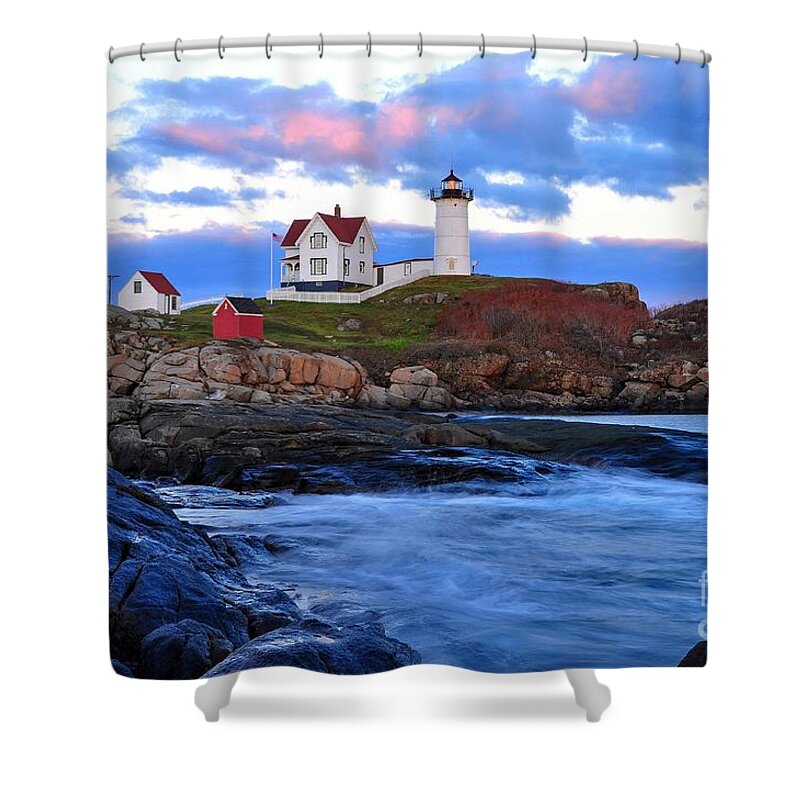 Maine Shower Curtain featuring the photograph Nubble Lighthouse by Steve Brown