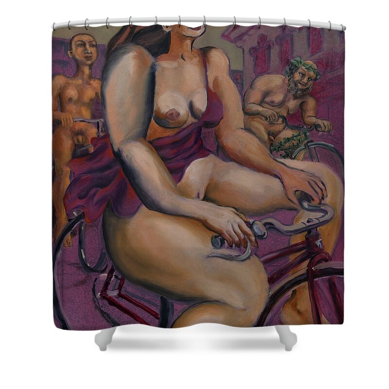 Nudes Shower Curtain featuring the painting Nude cyclists with Carracchi Bacchus by Peregrine Roskilly
