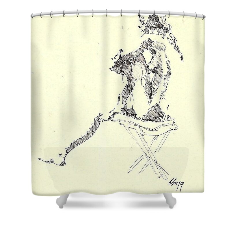 Nude Shower Curtain featuring the drawing Nude five by R Allen Swezey