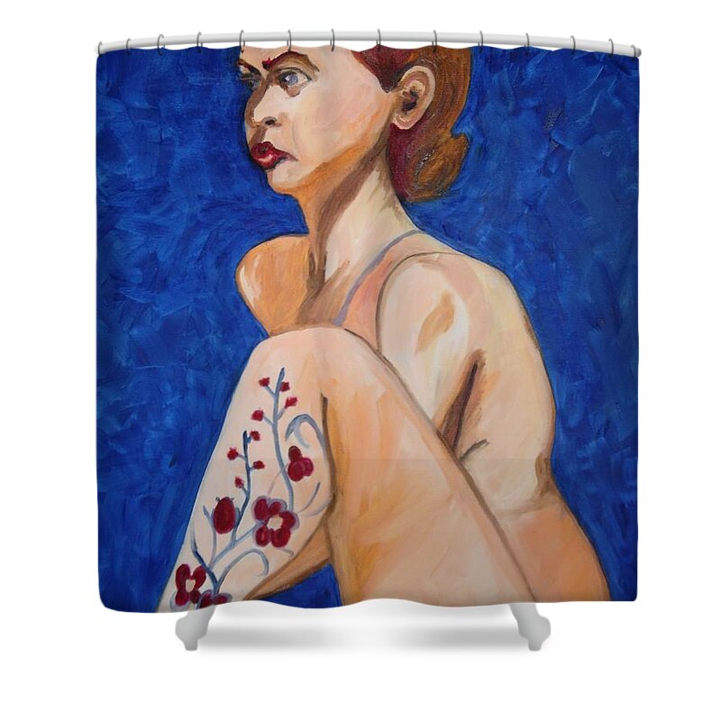 Nude With Flower Tatoo Shower Curtain featuring the painting Nude with Flower Tatoo by Esther Newman-Cohen