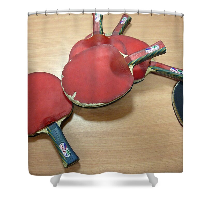 Table Shower Curtain featuring the photograph Number of ping pong bats piled on a table by Ashish Agarwal
