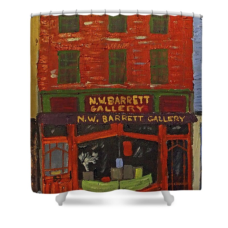 #shopfront #portsmouthnh Shower Curtain featuring the painting N.W.Barrett Gallery by Francois Lamothe