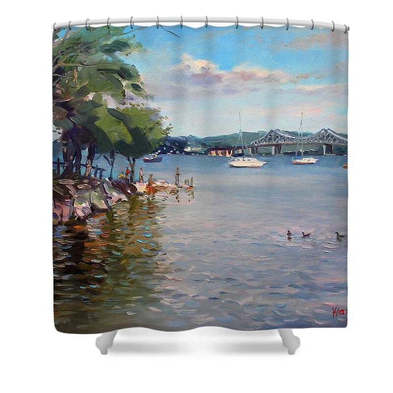 Nyack Park Ny Shower Curtain featuring the painting Nyack Park by Hudson River by Ylli Haruni