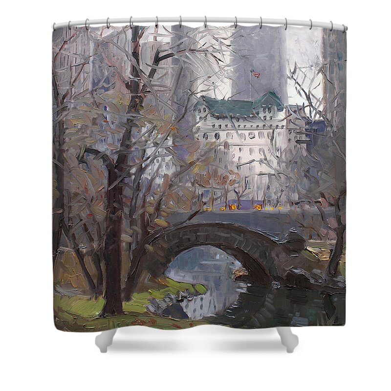 New York City Shower Curtain featuring the painting NYC Central Park by Ylli Haruni