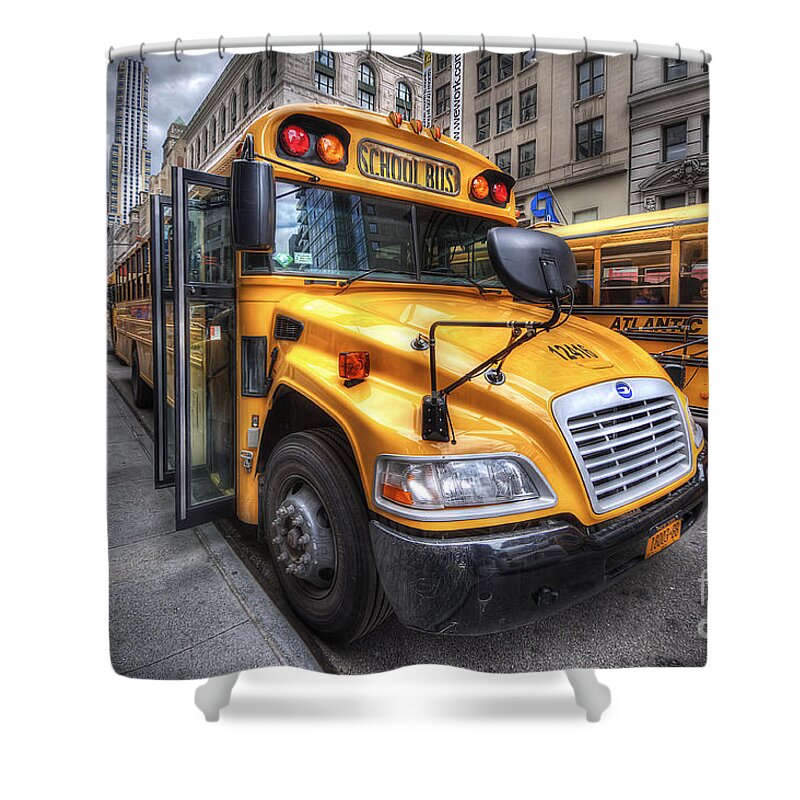 Yhun Suarez Shower Curtain featuring the photograph NYC School Bus by Yhun Suarez