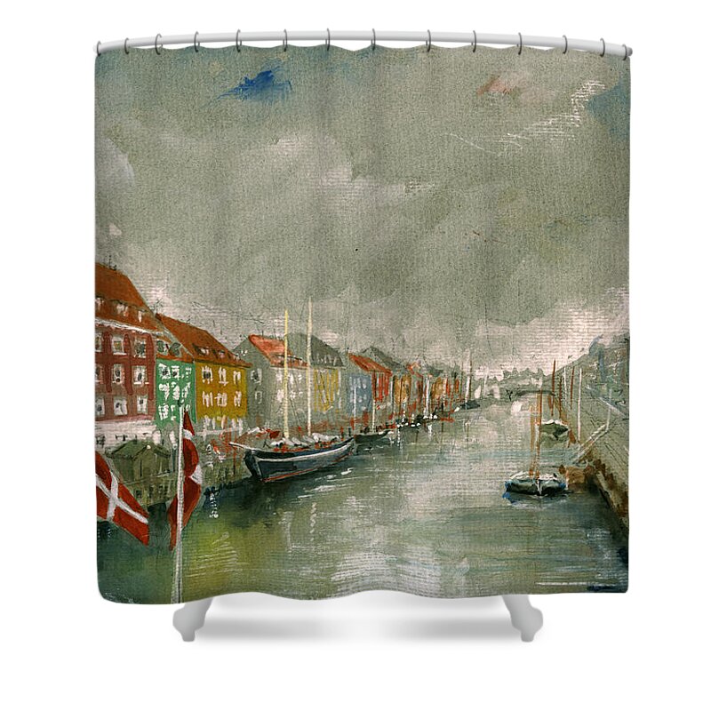 Copenhagen Shower Curtain featuring the painting Nyhavn Copenhagen by Juan Bosco