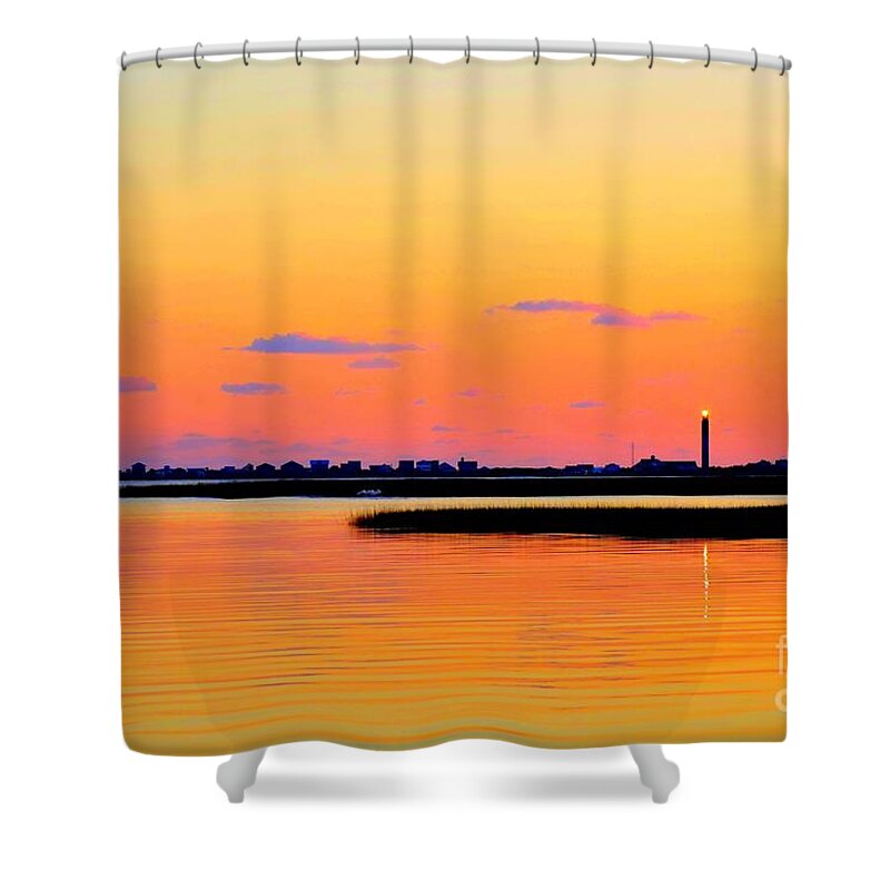 Art Shower Curtain featuring the photograph Oak Island Lighthouse Sunset by Shelia Kempf