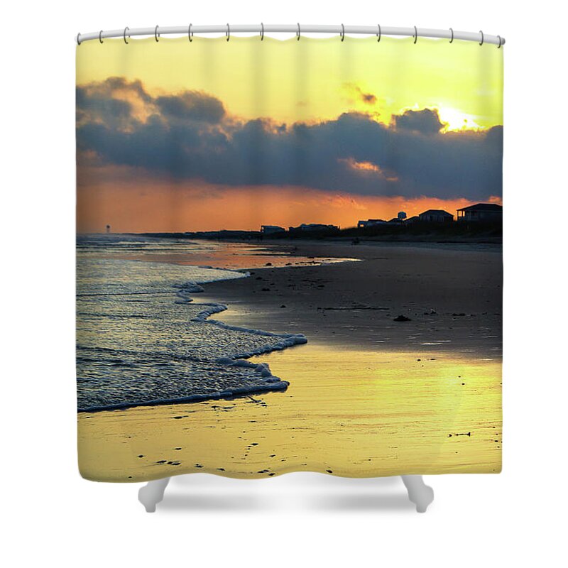 Oak Island Shower Curtain featuring the photograph Oak Island Yellow Sunset by Amy Lucid