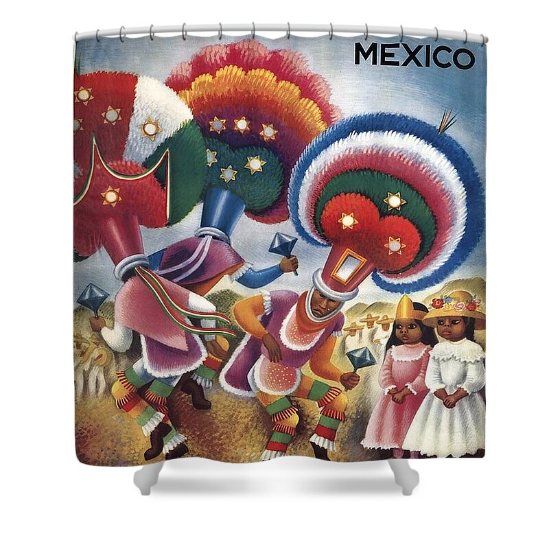 Oaxaca Shower Curtain featuring the mixed media Oaxaca, Mexico - Mexicans Dancing in Ceremonial Dress - Retro travel Poster - Vintage Poster by Studio Grafiikka