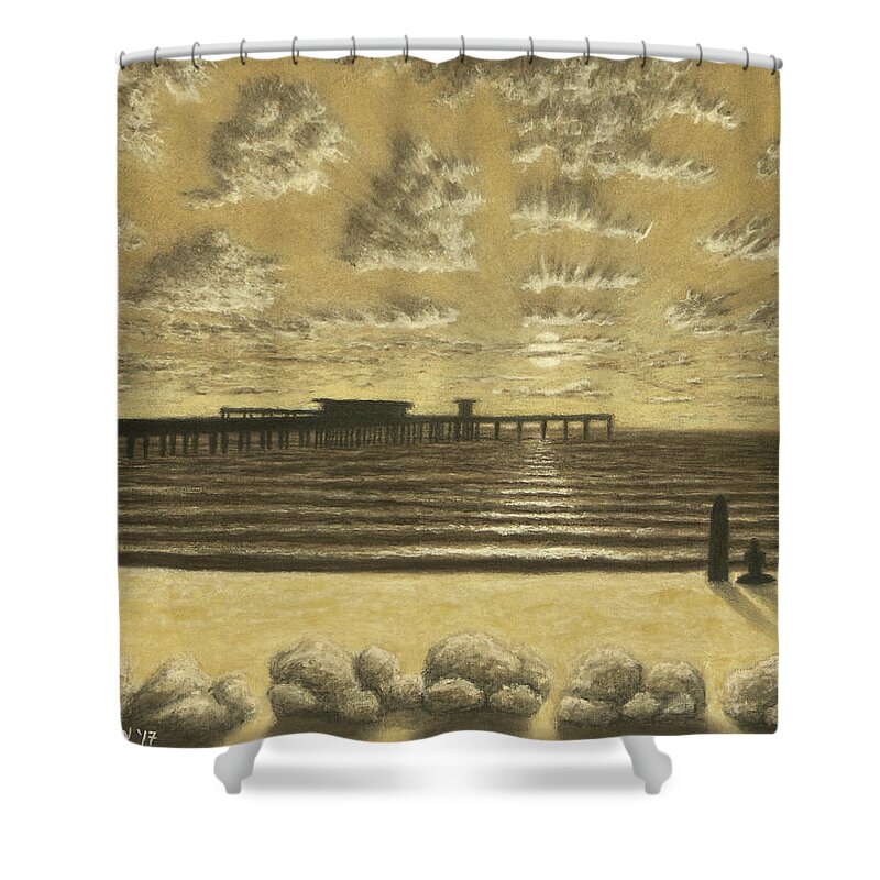 Ocean Shower Curtain featuring the pastel Ocean Beach Pier Sunset 01 by Michael Heikkinen