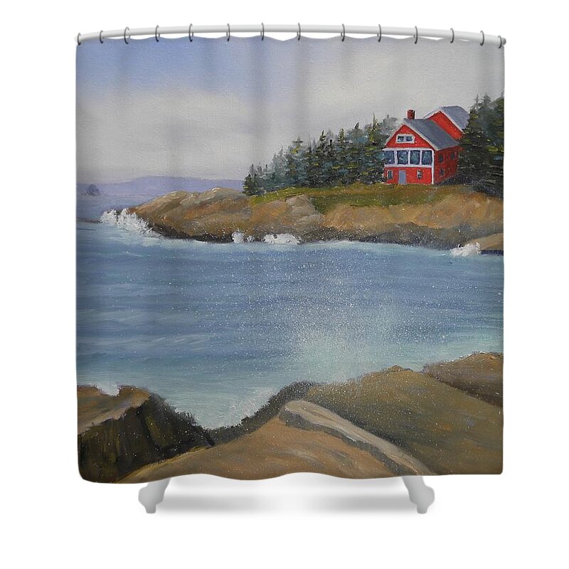 Seascape Landscape Water Cottage Home Rocks Coast Maine Bristol Waves Trees Shower Curtain featuring the painting Ocean Cottage by Scott W White