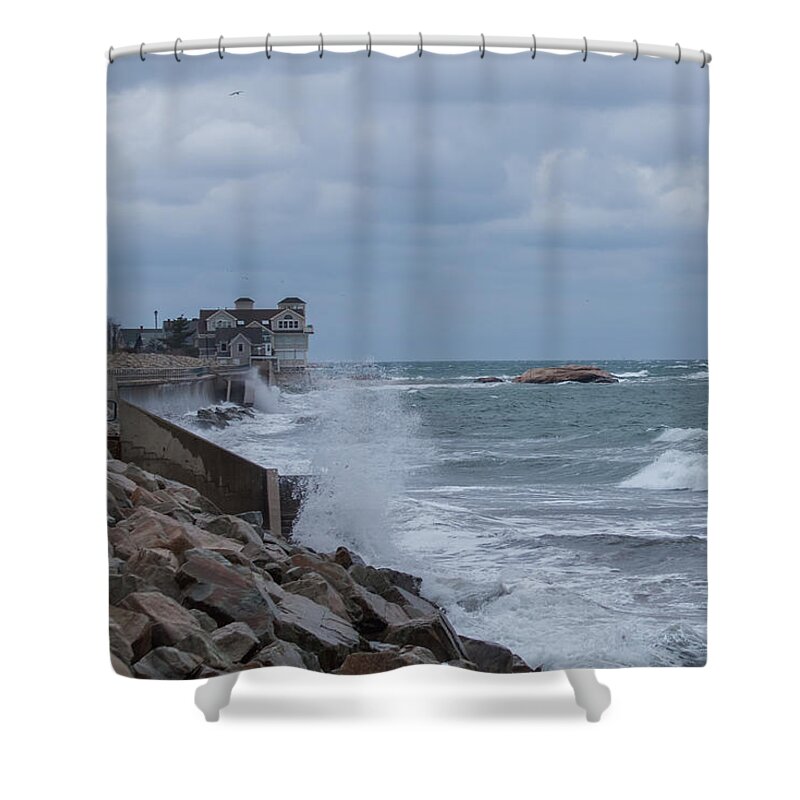 Lighthouse Shower Curtain featuring the photograph Ocean Waves at Minot Beach by Brian MacLean