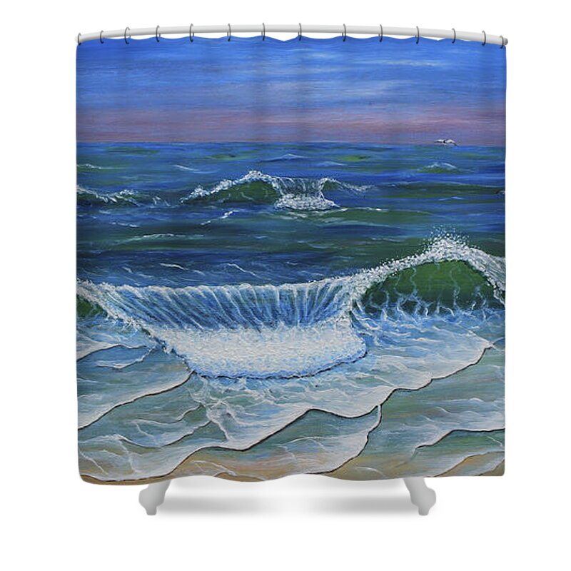 Ocean Waves Shower Curtain featuring the painting Ocean Waves Dance At Dawn original acrylic painting by Georgeta Blanaru