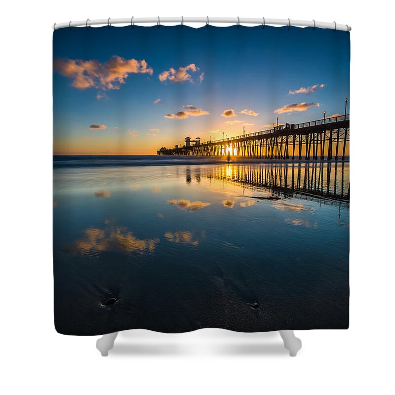 Beach Shower Curtain featuring the photograph Oceanside Pier Reflections by Larry Marshall