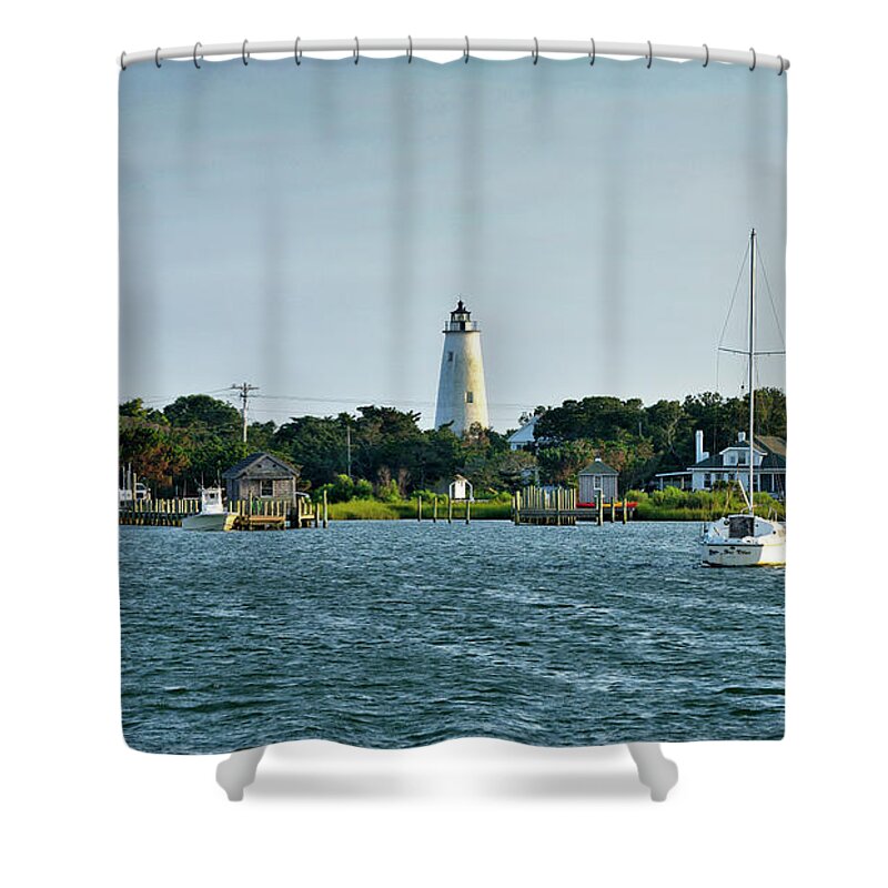 Ocracoke Shower Curtain featuring the photograph Ocracoke Island Lighthouse from Silver Lake by Brendan Reals