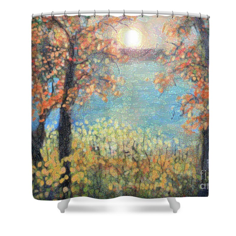 Landscape Shower Curtain featuring the painting October Sunset by Rita Brown
