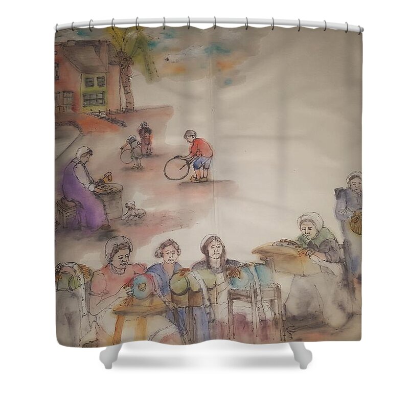 The Netherlands. Cityscape. Figures. Lacemaking. Shower Curtain featuring the painting Of clogs and windmills albums by Debbi Saccomanno Chan