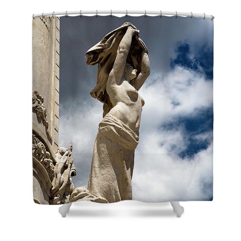 Lisbon Shower Curtain featuring the photograph Of Shadow and Sky in Marquis de Pombal Square by Lorraine Devon Wilke