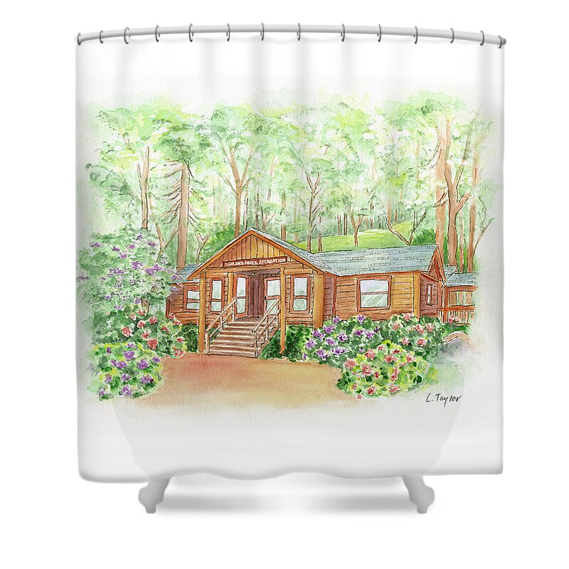 Log Cabin Shower Curtain featuring the painting Office in the Park by Lori Taylor