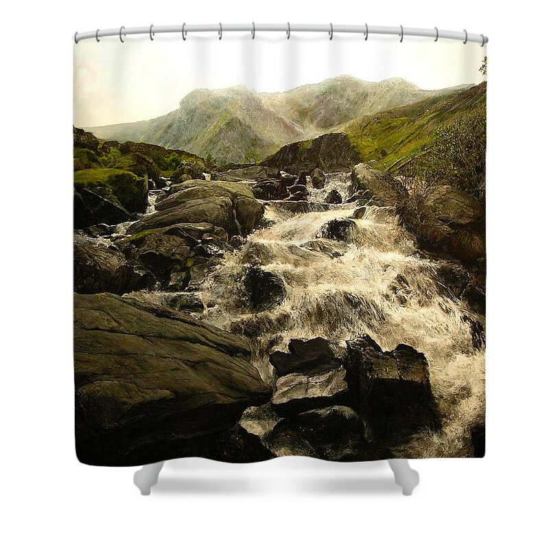 Landscape Shower Curtain featuring the painting Ogwen Falls by Harry Robertson