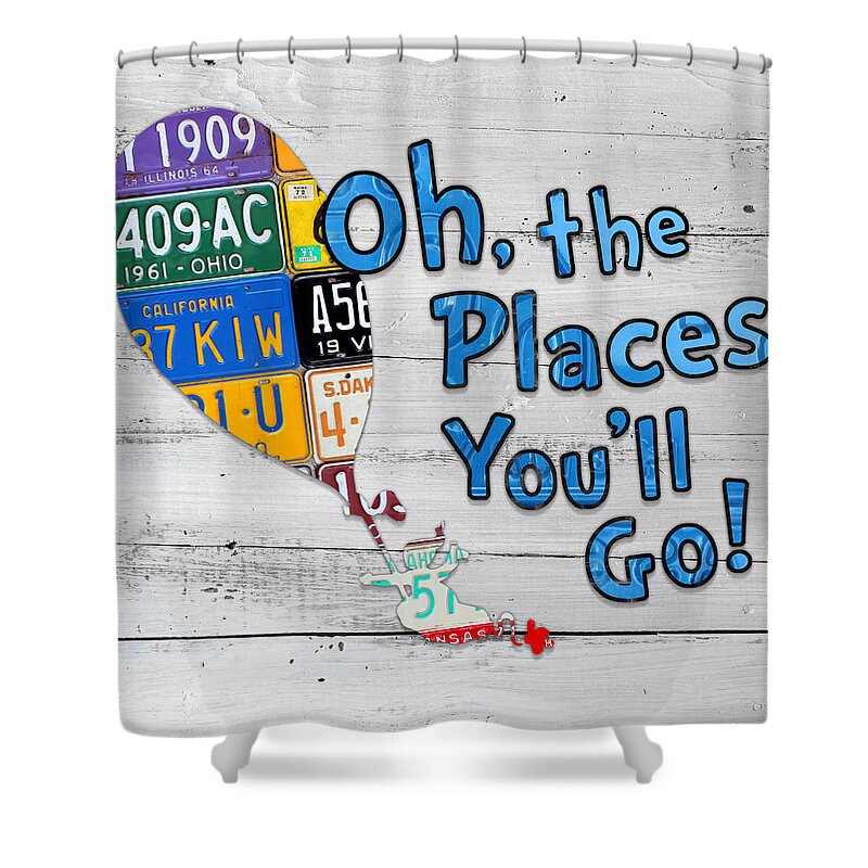 Oh The Places Youll Go Shower Curtain featuring the mixed media Oh The Places Youll Go Dr Seuss Inspired Recycled Vintage License Plate Art on Wood by Design Turnpike
