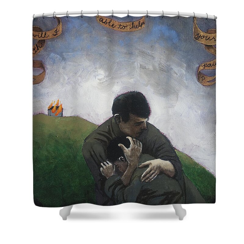 Men Shower Curtain featuring the painting Oh Will I Ever Be Able To Help You To Bear Your Pain by Pauline Lim