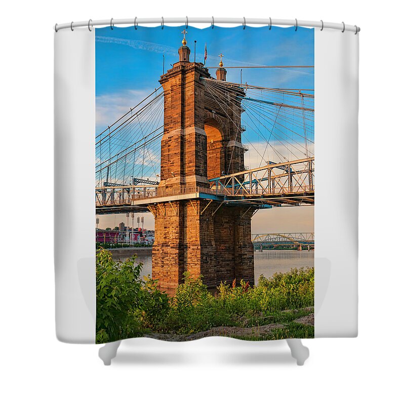 Ohio River Suspension Bridge Tower Shower Curtain featuring the photograph Ohio River Suspension Bridge Tower by Phyllis Taylor