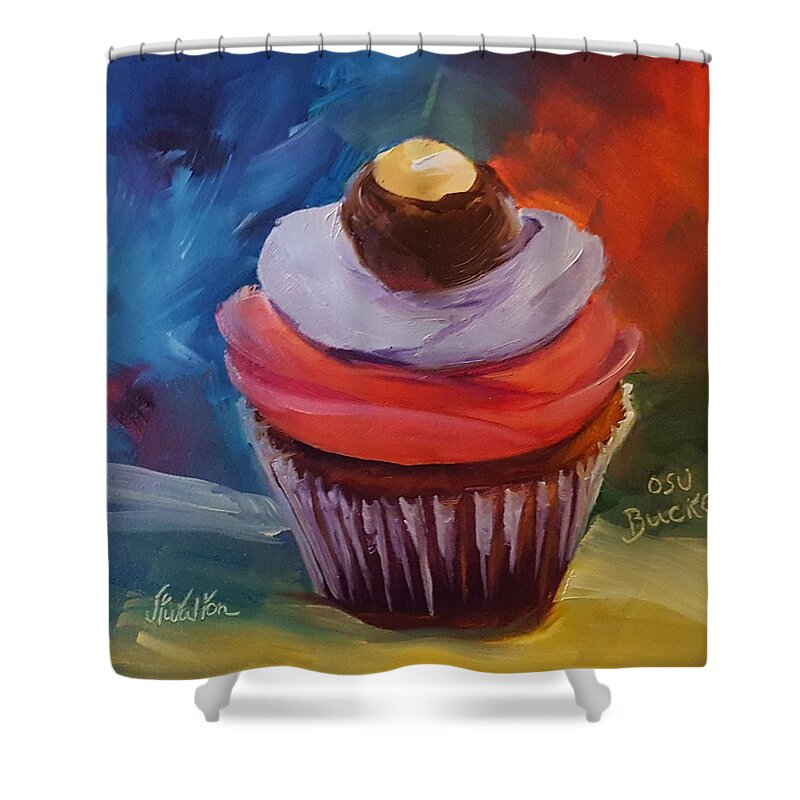 Ohio State Shower Curtain featuring the painting Ohio State Buckeye Cupcake by Judy Fischer Walton