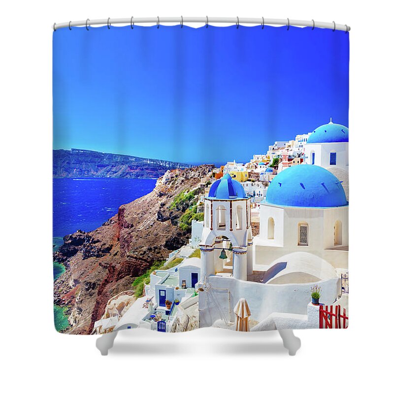 Santorini Shower Curtain featuring the photograph Oia town on Santorini island, Greece. Caldera on Aegean sea. by Michal Bednarek