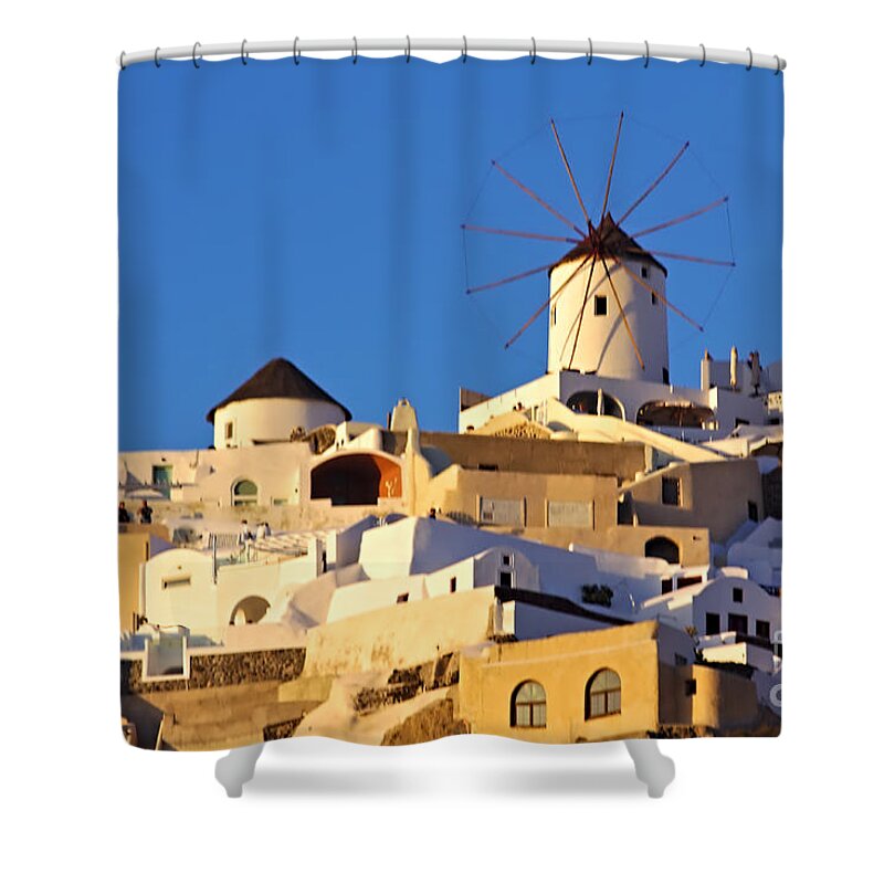 Santorini Shower Curtain featuring the photograph Oia Windmill by Jeremy Hayden