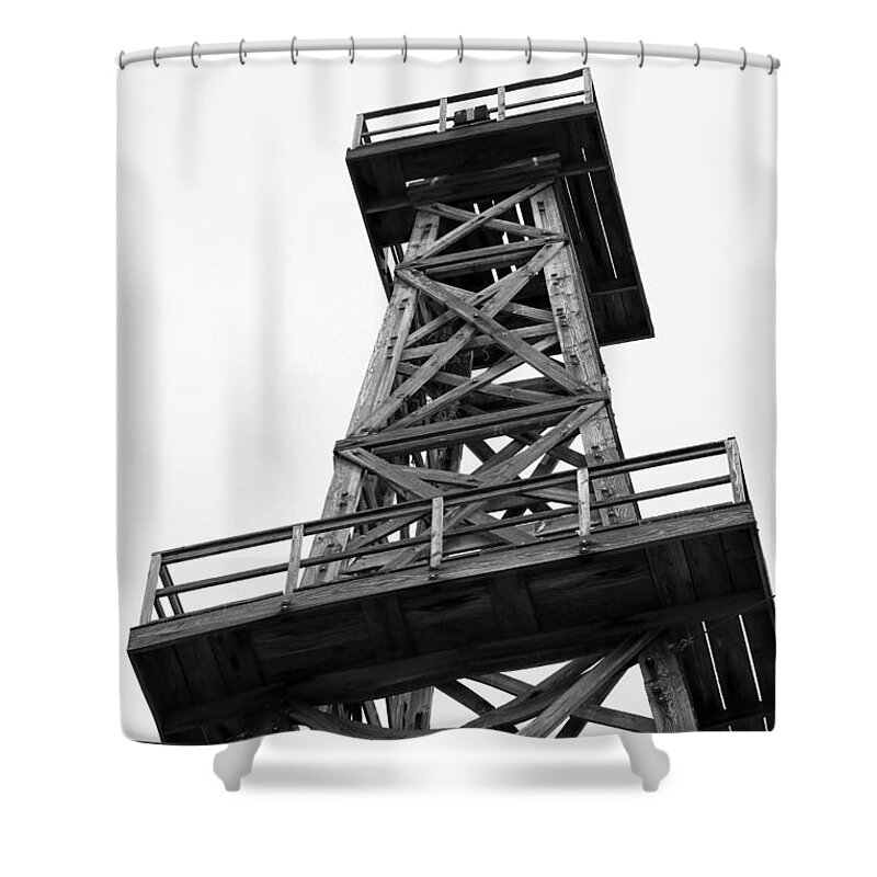 Industrial Shower Curtain featuring the photograph Oil Derrick in Black and White by Art Block Collections
