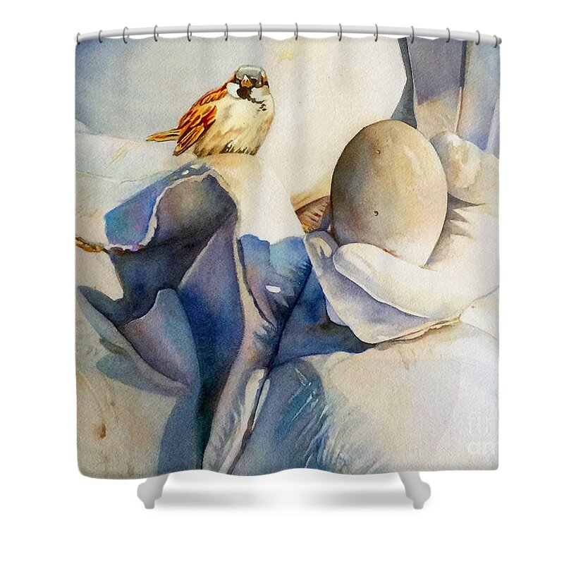 Oiseau Shower Curtain featuring the painting Oiseau Oeuf et Statue by Francoise Chauray