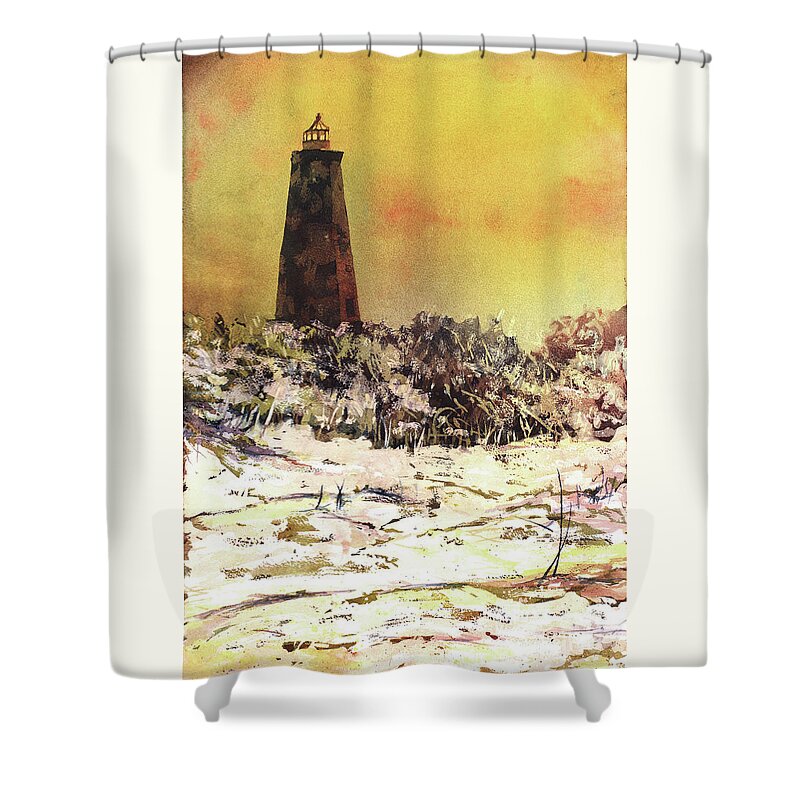 Street Scene Shower Curtain featuring the painting Old Baldy Lighthouse- North Carolina by Ryan Fox