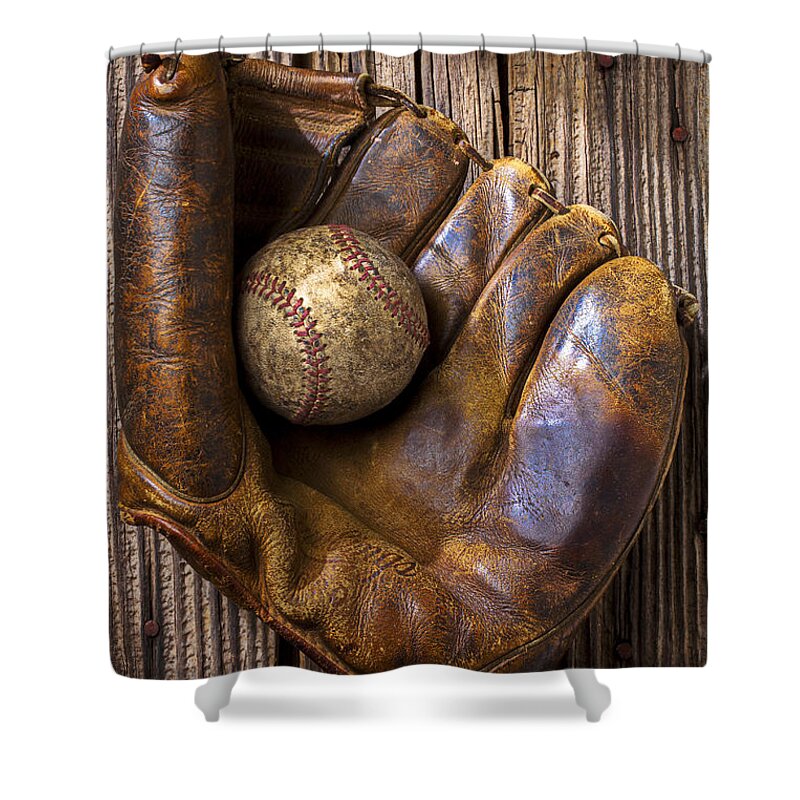 Old Shower Curtain featuring the photograph Old baseball mitt and ball by Garry Gay