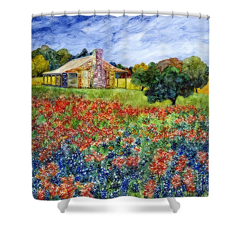 Bluebonnet Shower Curtain featuring the painting Old Baylor Park by Hailey E Herrera