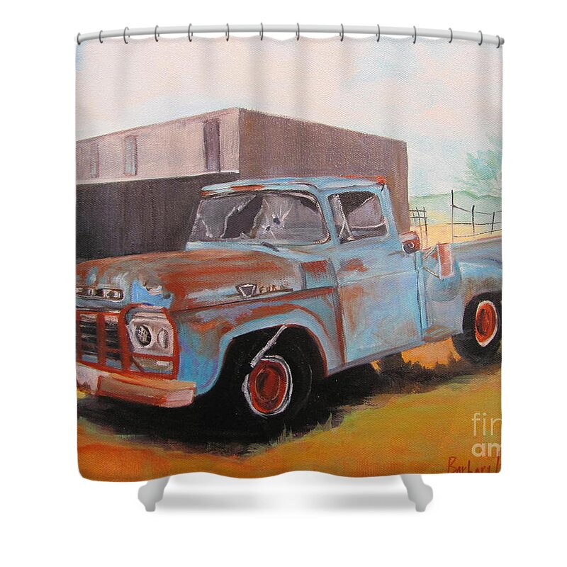 Truck Shower Curtain featuring the painting Old Blue Ford Truck by Barbara Haviland
