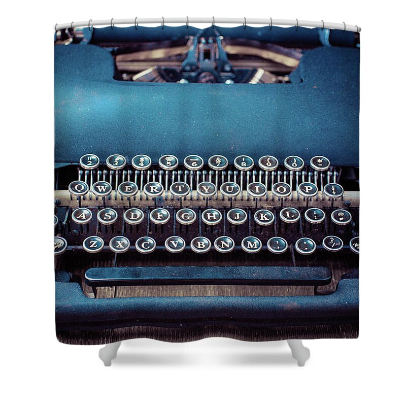 Still Life Shower Curtain featuring the photograph Old blue typewriter by Edward Fielding