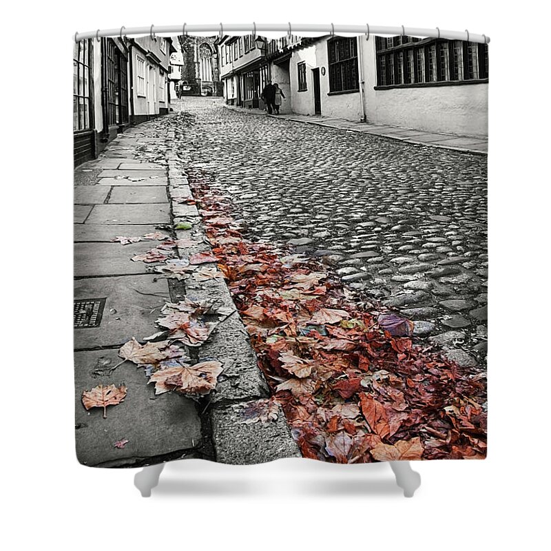 Street Shower Curtain featuring the photograph Old cobbled street black and white by Simon Bratt