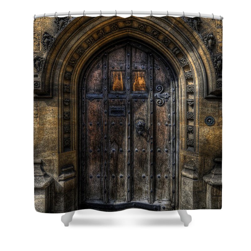 Yhun Suarez Shower Curtain featuring the photograph Old College Door - Oxford by Yhun Suarez