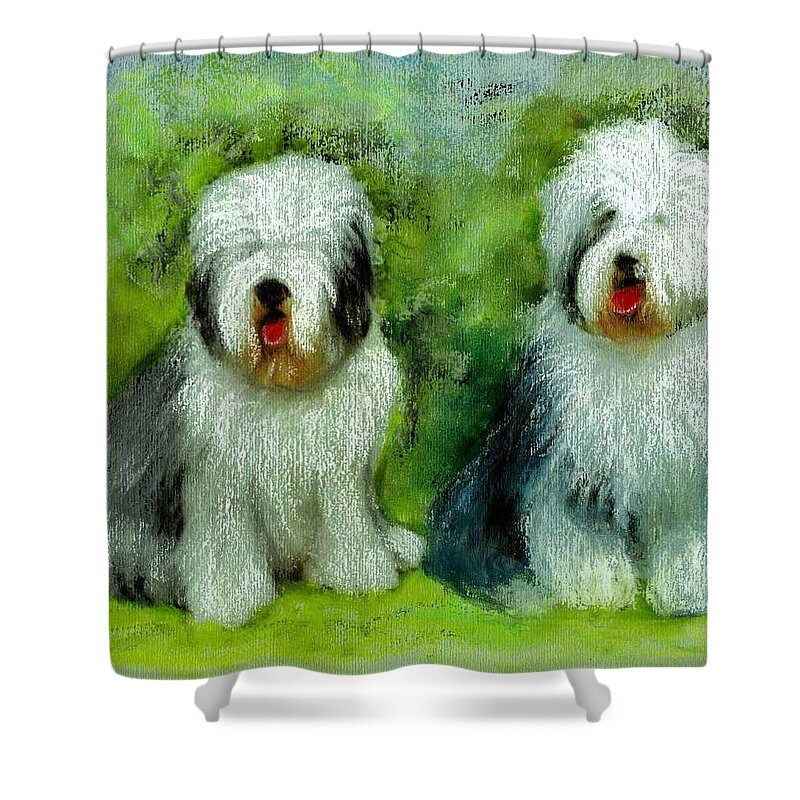 Old English Sheepdog Shower Curtain featuring the painting Old English Sheepdog by Ryn Shell