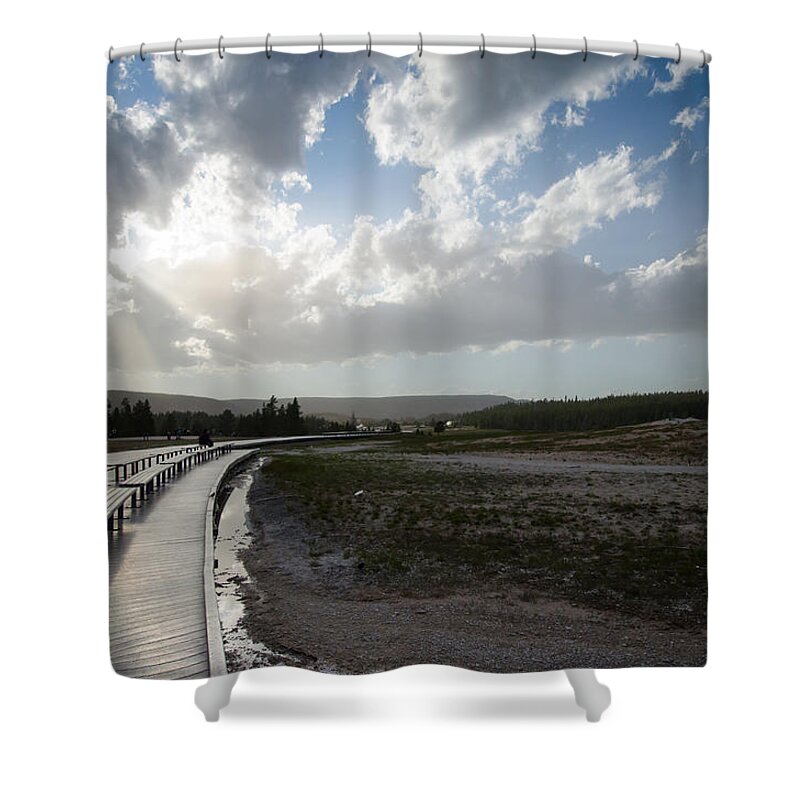 Landscape Shower Curtain featuring the photograph Old Faithful Walkway by Crystal Wightman