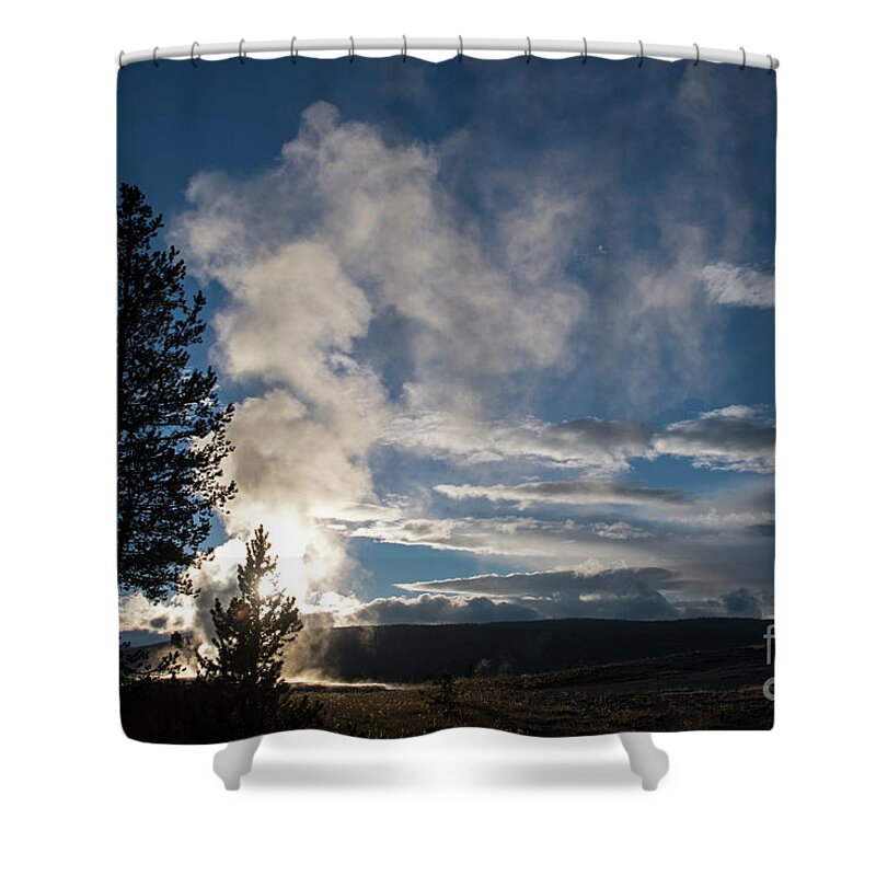 Old Faithfull Shower Curtain featuring the photograph Old Faithfull at sunset by Cindy Murphy - NightVisions