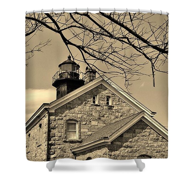 Architecture Shower Curtain featuring the photograph Old Field Light House N Y Sepia by Rob Hans