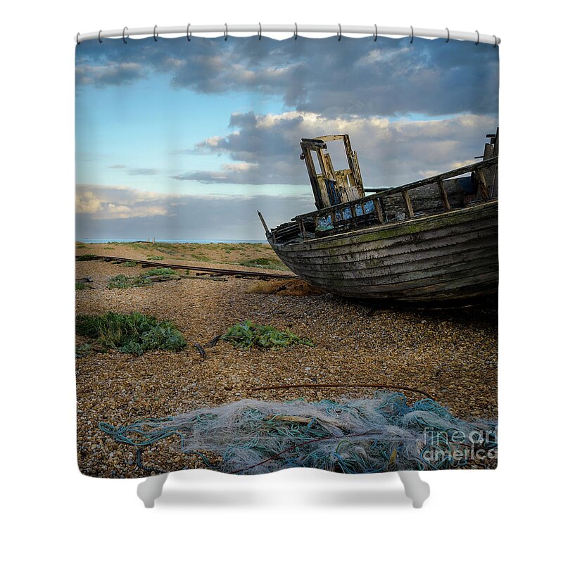 Sea Shower Curtain featuring the photograph Old Fishing Boat, Dungeness by Perry Rodriguez