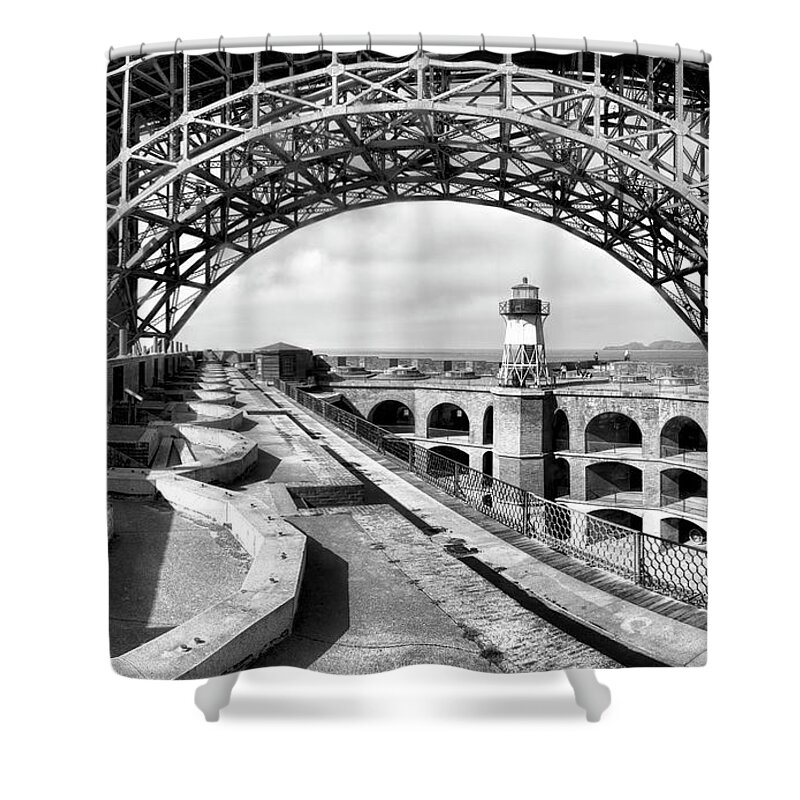 Lighthouse Shower Curtain featuring the photograph Old Fort Point LIghthouse Under The Golden Gate in BW by Her Arts Desire