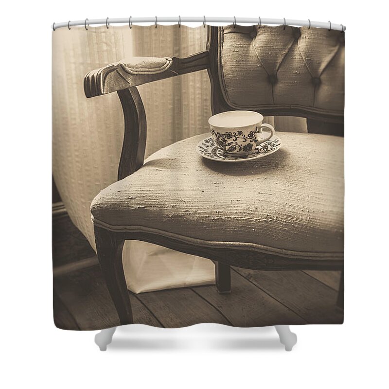 Cottage Shower Curtain featuring the photograph Old Friend China Tea Up on Chair by Edward Fielding