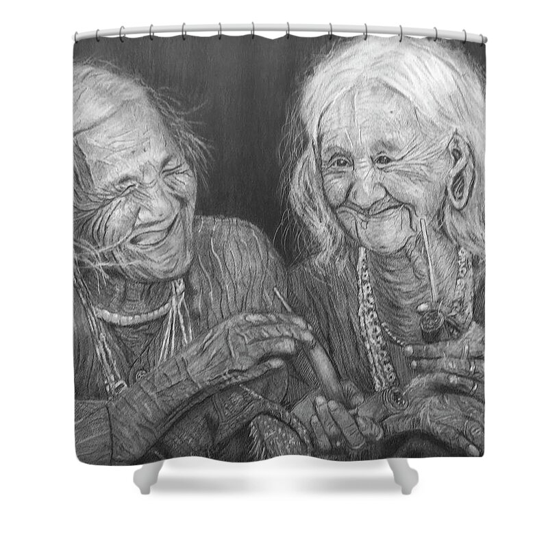 Women Shower Curtain featuring the drawing Old Friends, Smokin' and Jokin' 2 by Quwatha Valentine